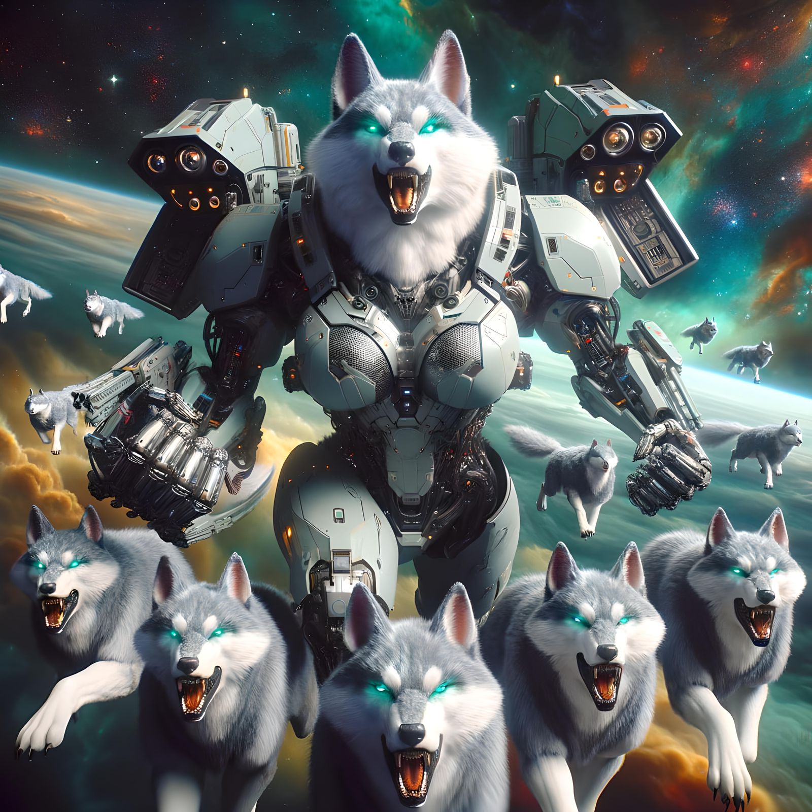 Epic Sci-Fi Wolf Warrior in Cosmic Battle