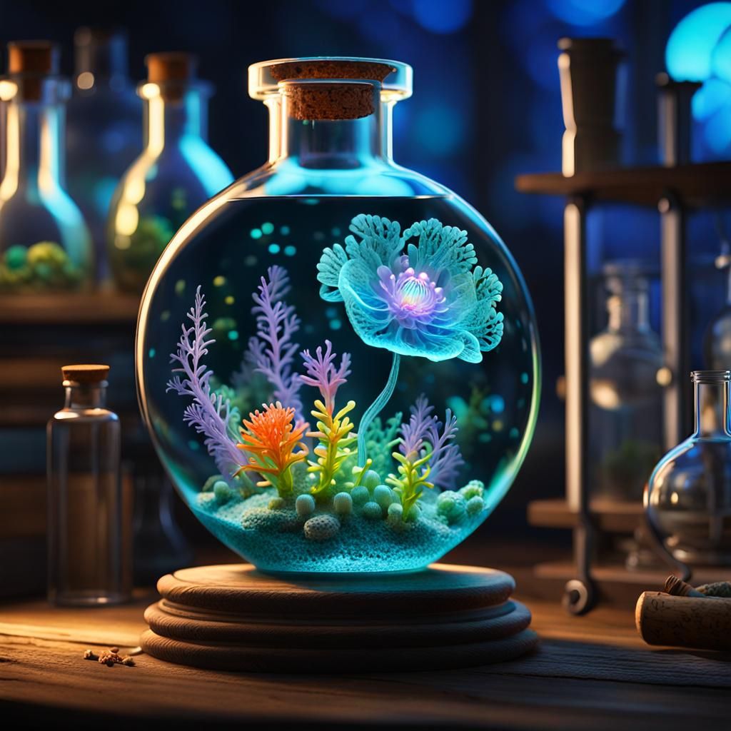Bioluminescent Flower in Flask, Laboratory Setting