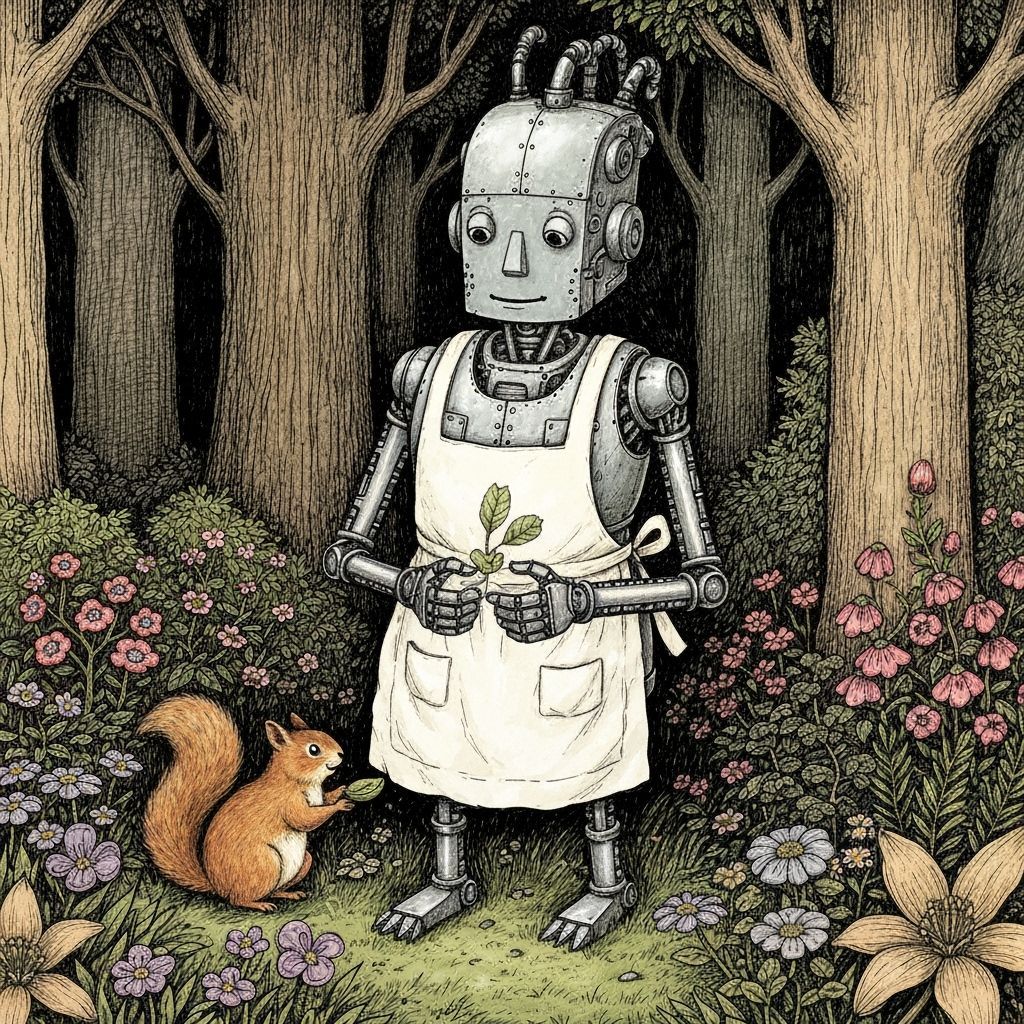 Robot Feeds Squirrel in Storybook Style