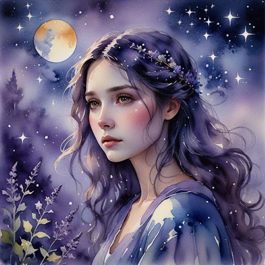 Tragic Heroine Dissolving into Starlight in Watercolor