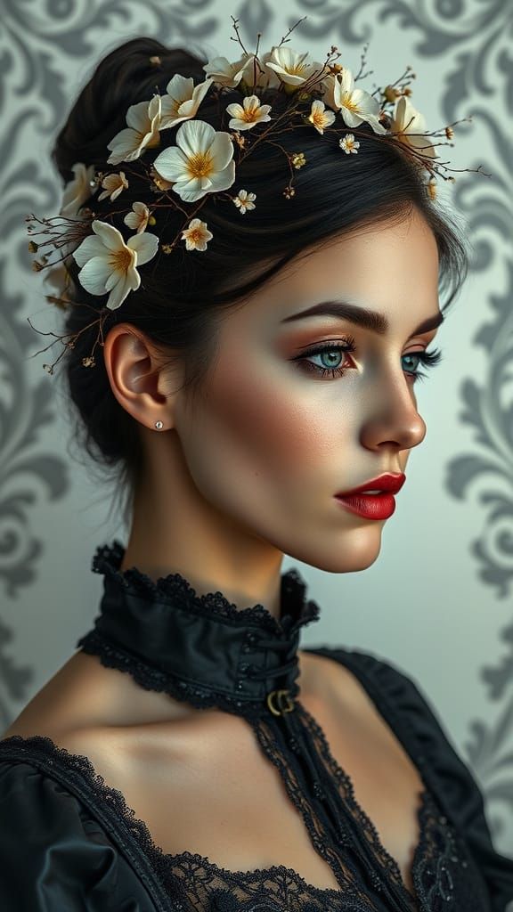 Ethereal Beauty in Floral Crown, Dark Hair, and Soft Focus