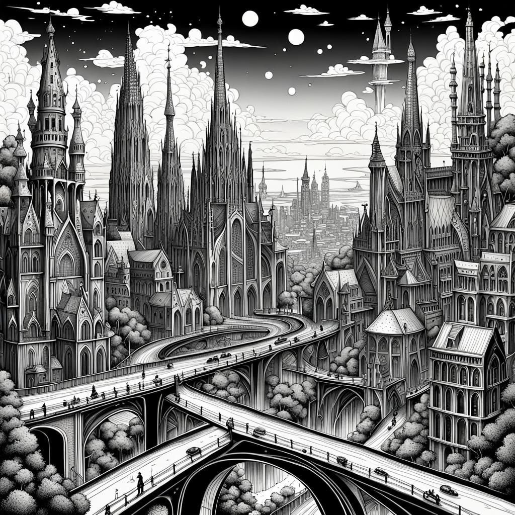 Fantastical Cityscape in Black and White Ink Drawing