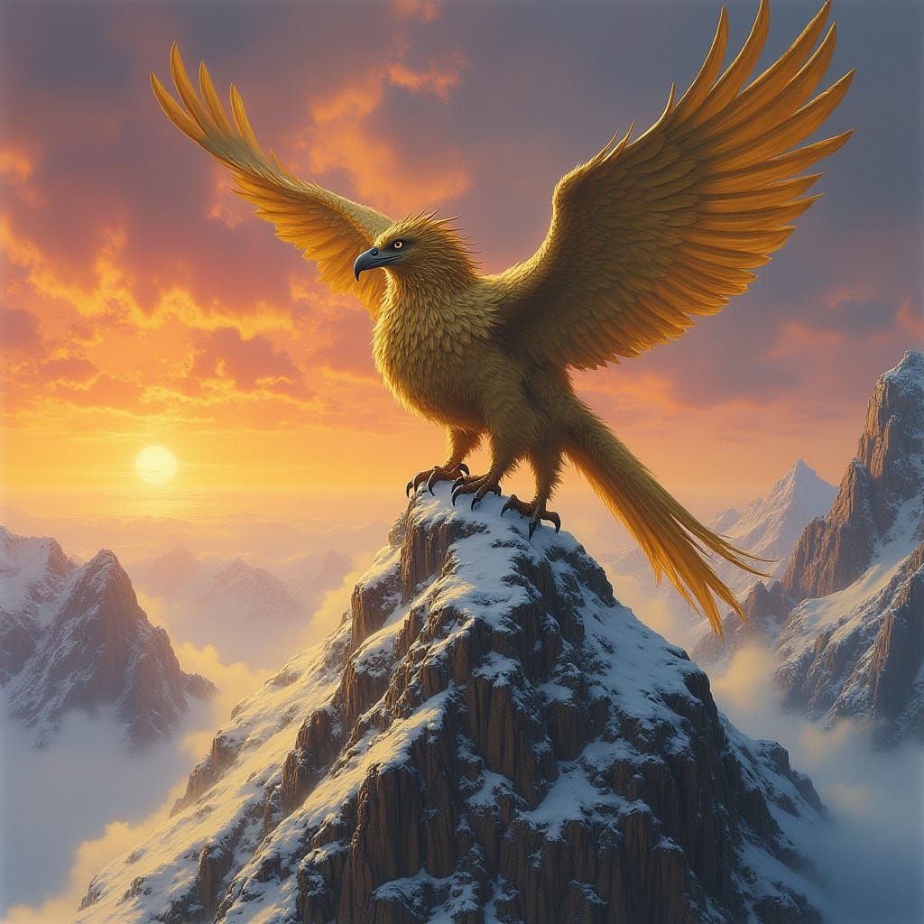 Griffin Perched on Snowy Mountain at Sunset