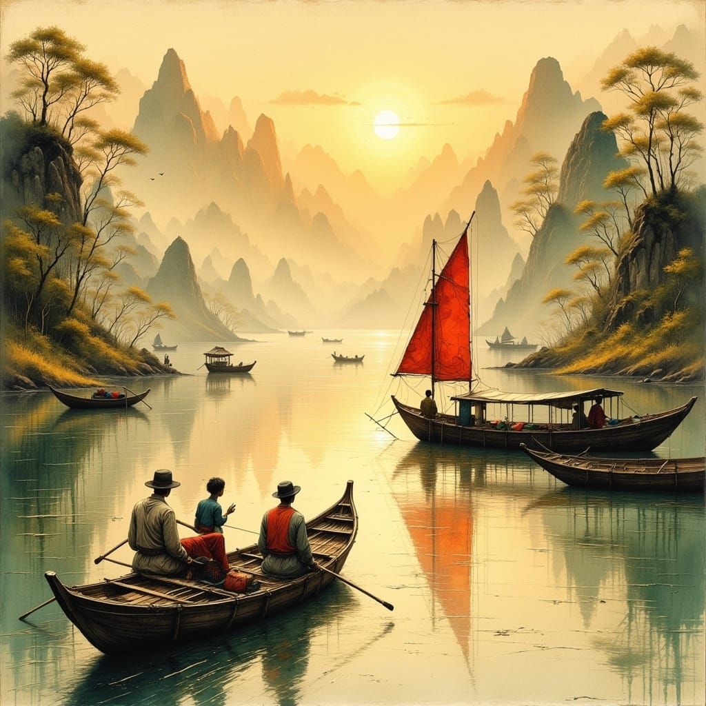 Cormorant Fishermen on Serene Lake as Chinese Painting