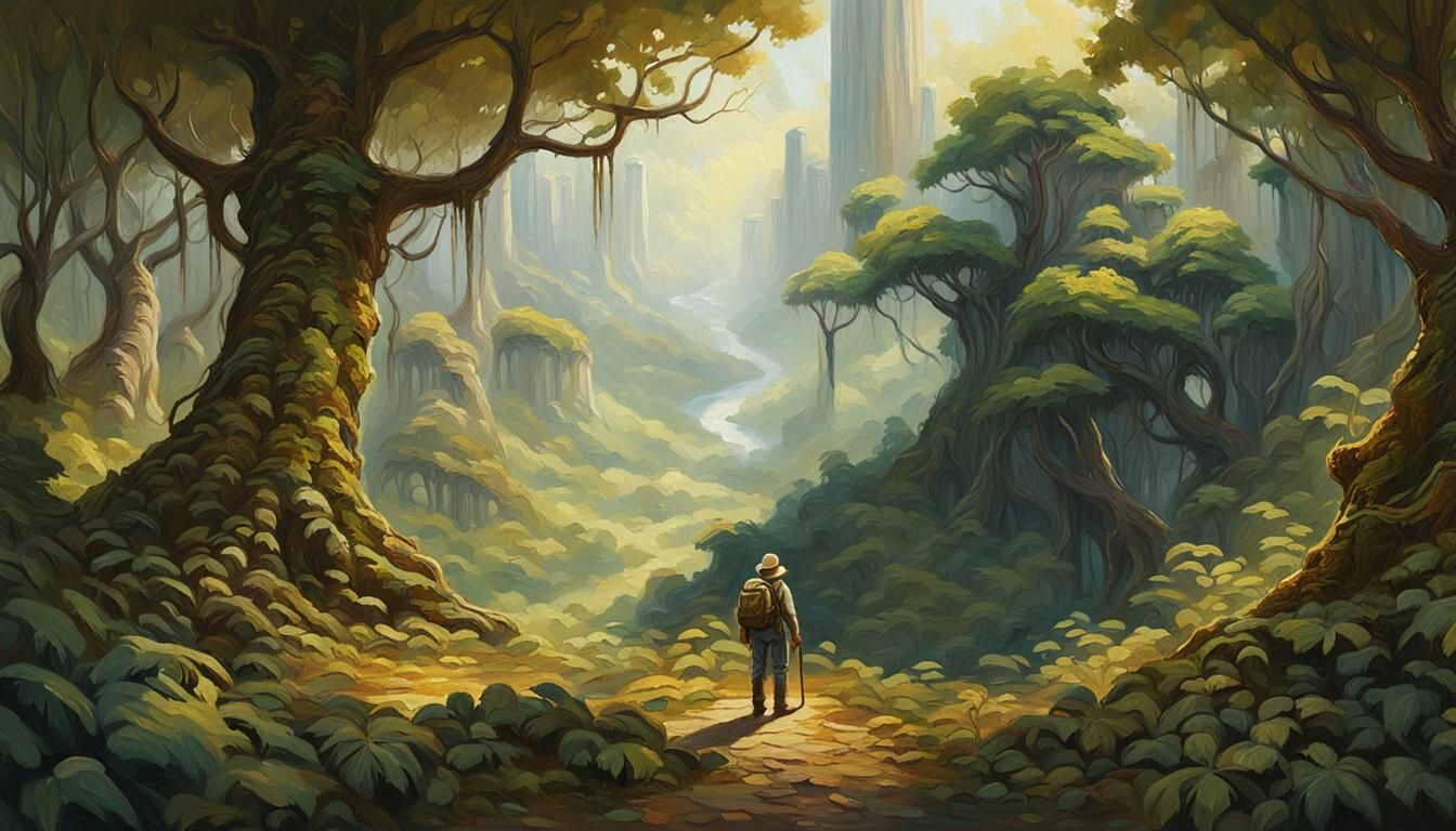 Dinotopia-Inspired Forest Landscape in Oil Painting Style