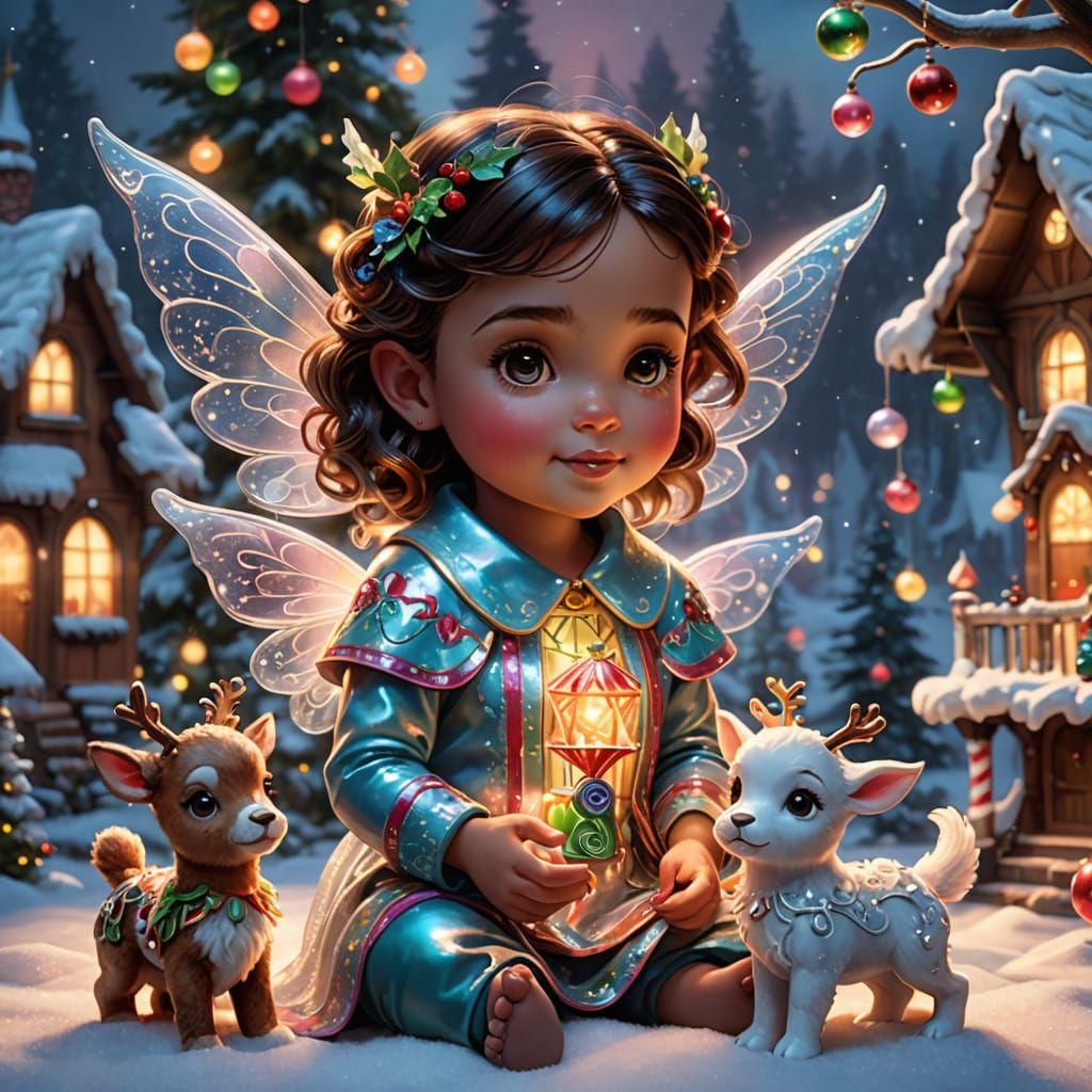 Whimsical Glass Christmas Fairy Plays with Baby Reindeers in...