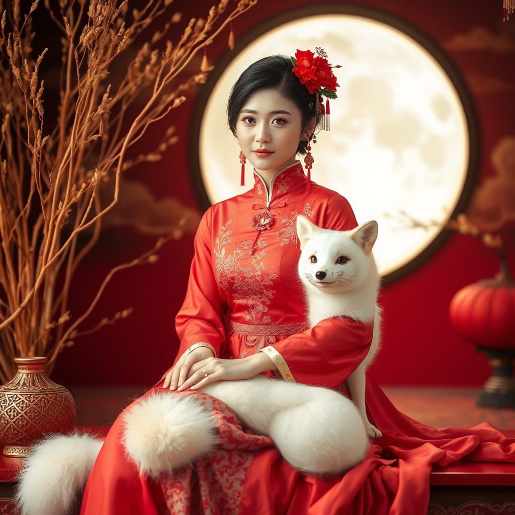 Chinese Woman in Red Costume with White Fox