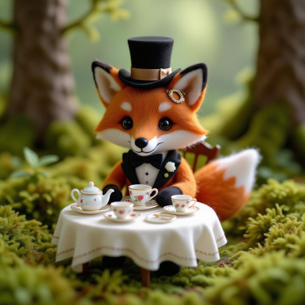 Whimsical Needle-Felted Fox Tea Party in Mossy Forest