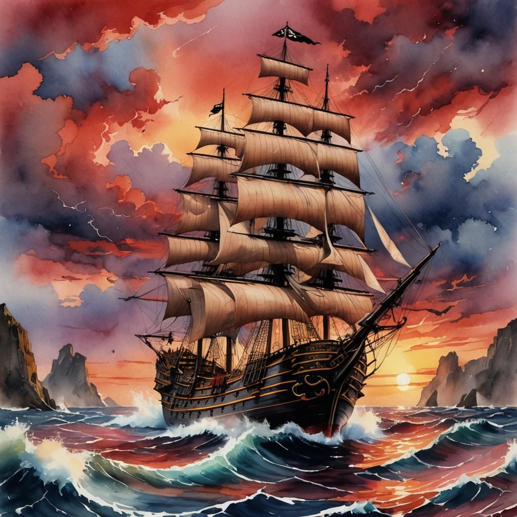 Watercolor Pirate Ship at Sunset with Lightning
