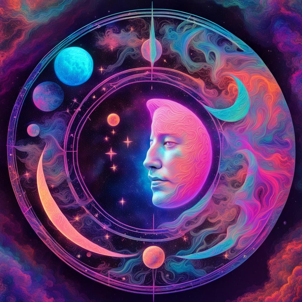 Neon Celestial Moon Phases: Holographic Astral Illustration