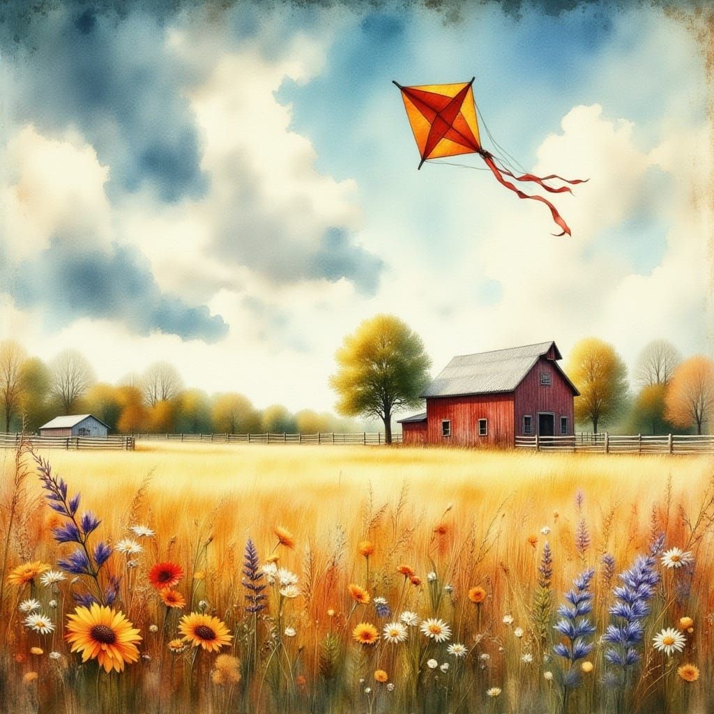 Kite Flying Above Autumn Field in Watercolor Style