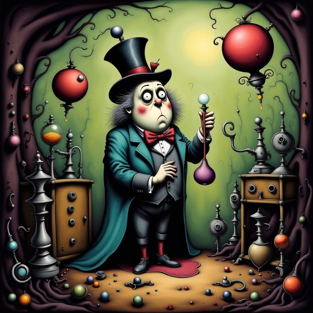 Eccentric Inventor with Bubbling Potion in Whimsical Style