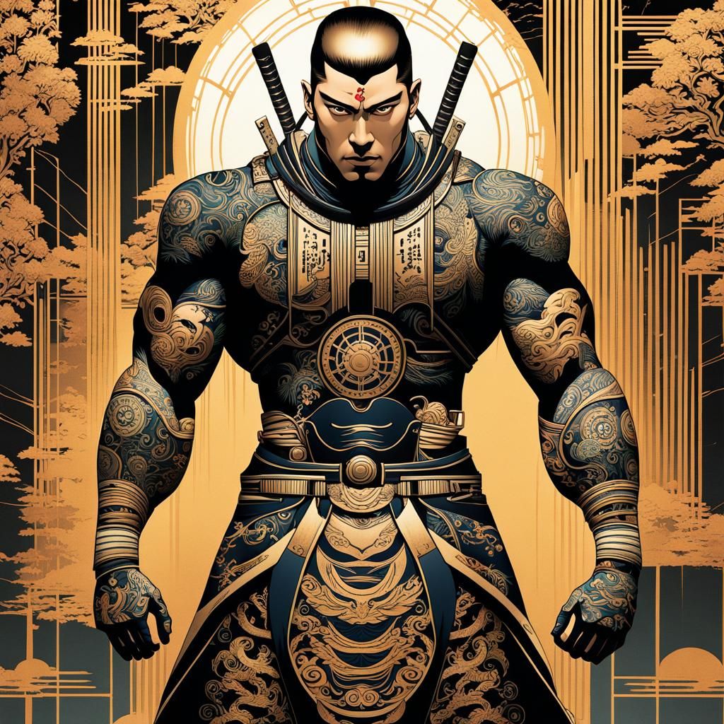Biopunk Samurai in Ukiyo-e Style with Metallic Physique