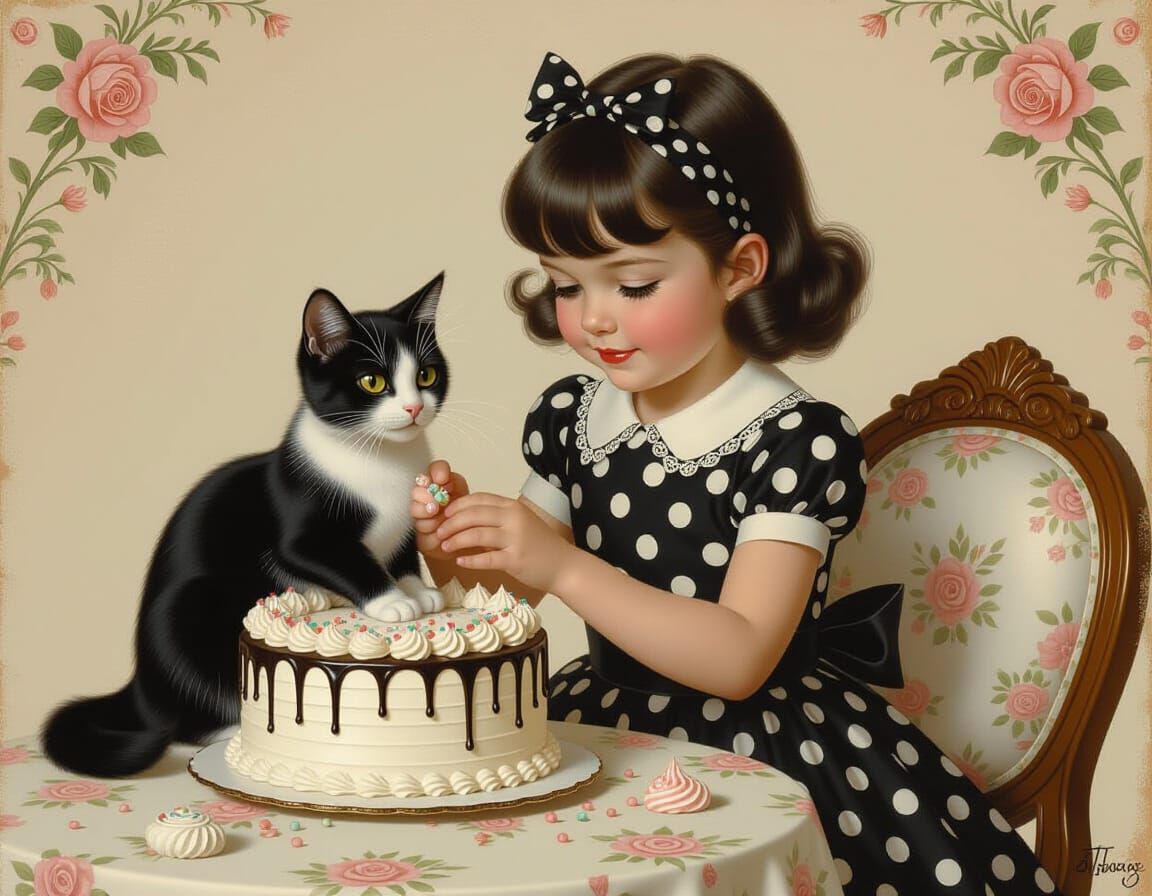 Girl Decorating Cake with Cat in Pin-Up Style