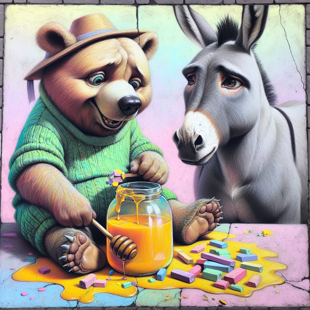 Whimsical Bear and Donkey Chalk Drawing