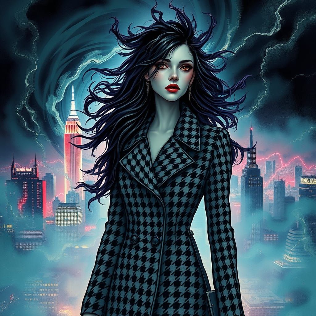 Ethereal Woman in Neon-Lit Vortex