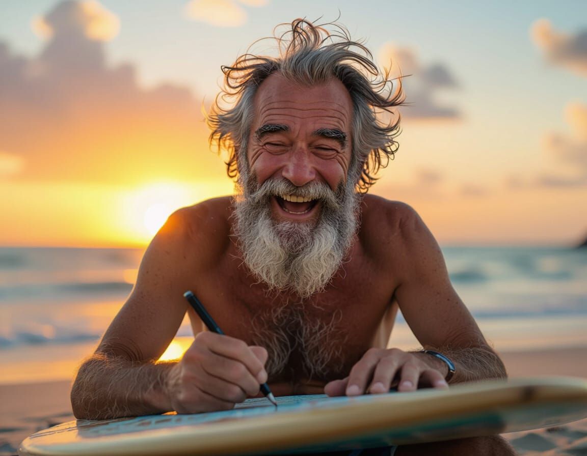 Joyful Wizard Writing on Skimboard at Sunset