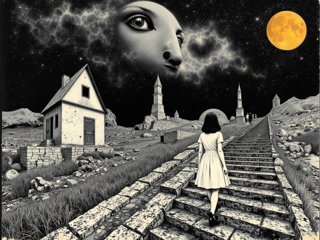 Alice and Neo's Aurora Adventure: Escher and Klimt Style