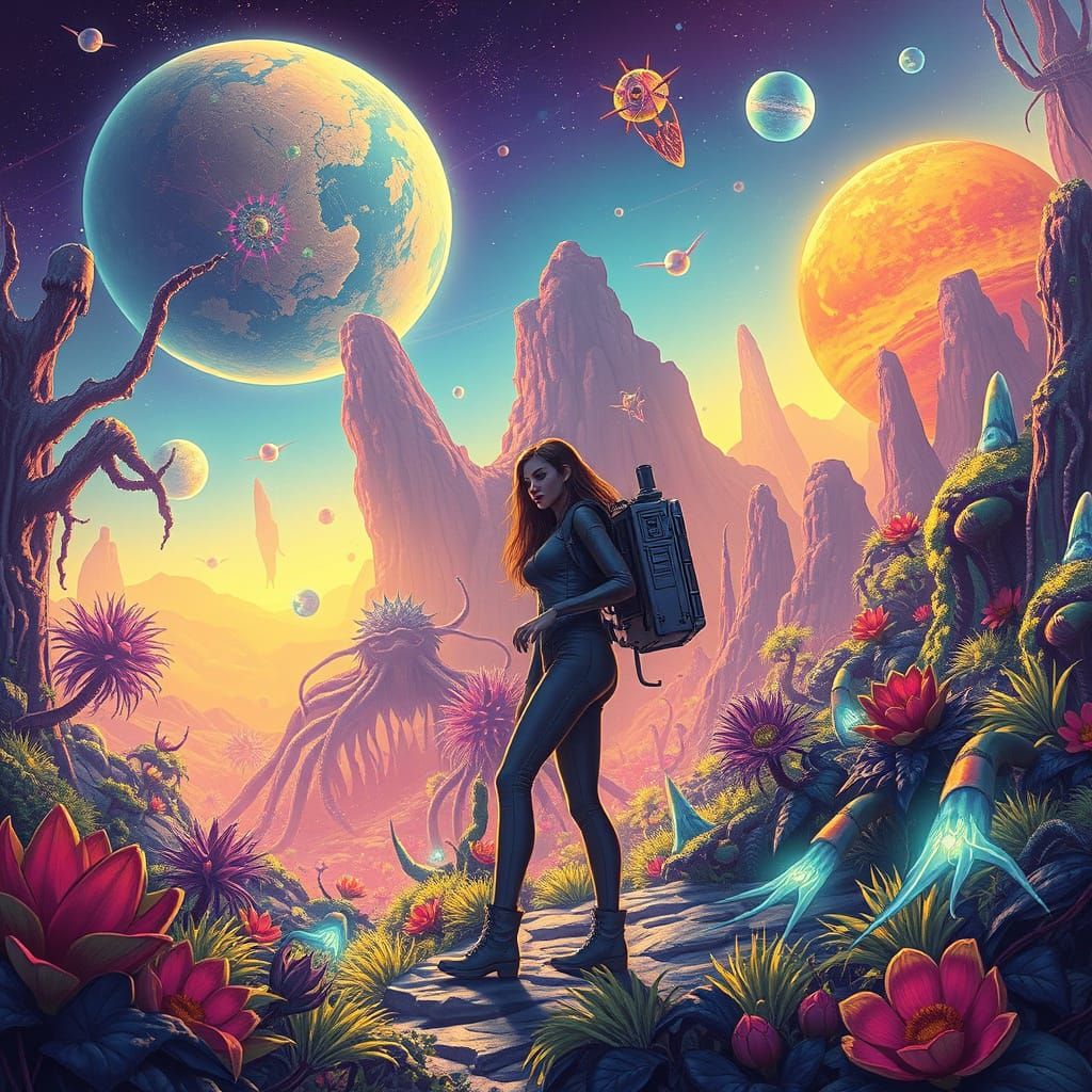 Lush Alien Planet with Explorer in Neon Hues