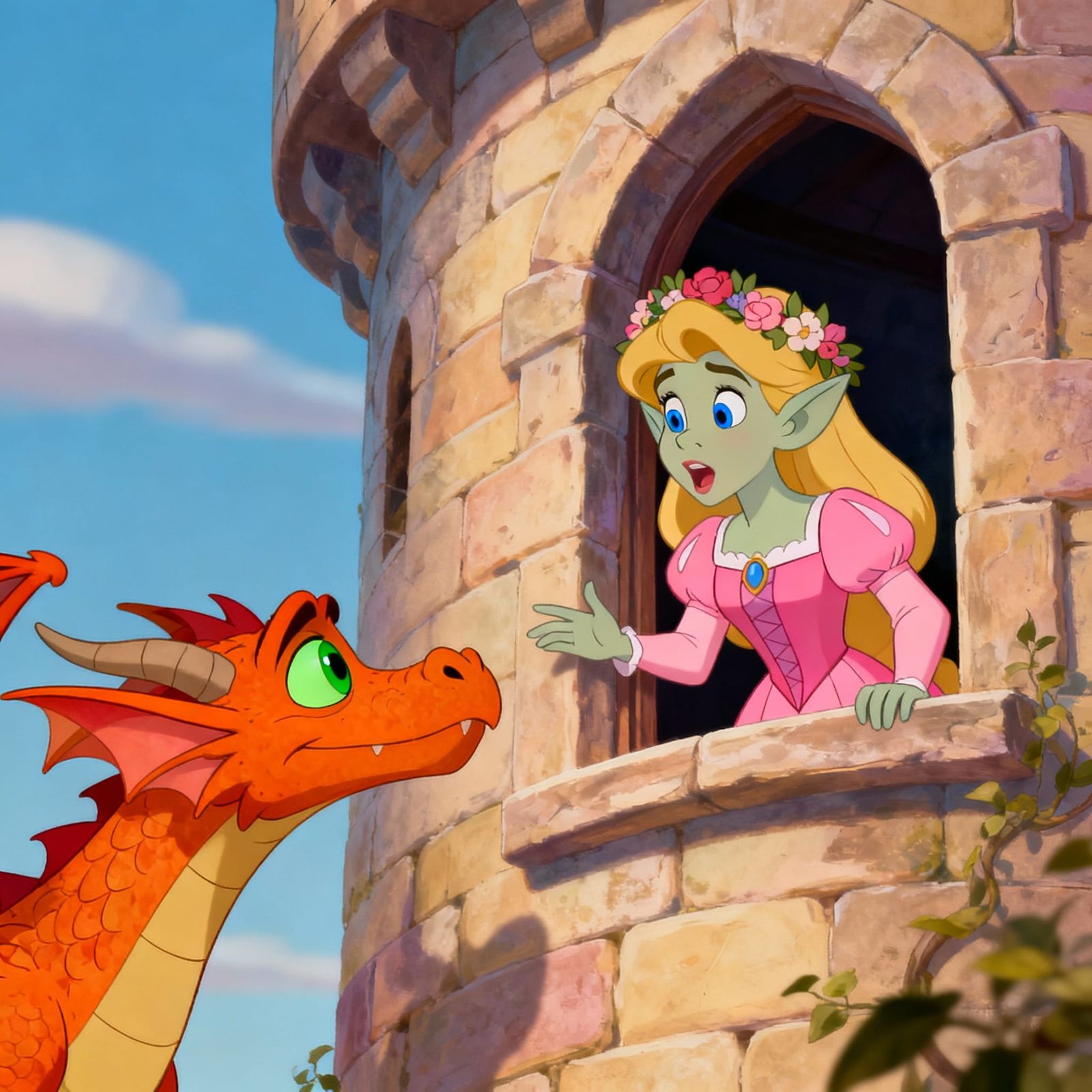 Cute Orc Princess and Dragon in Disney Animation Style