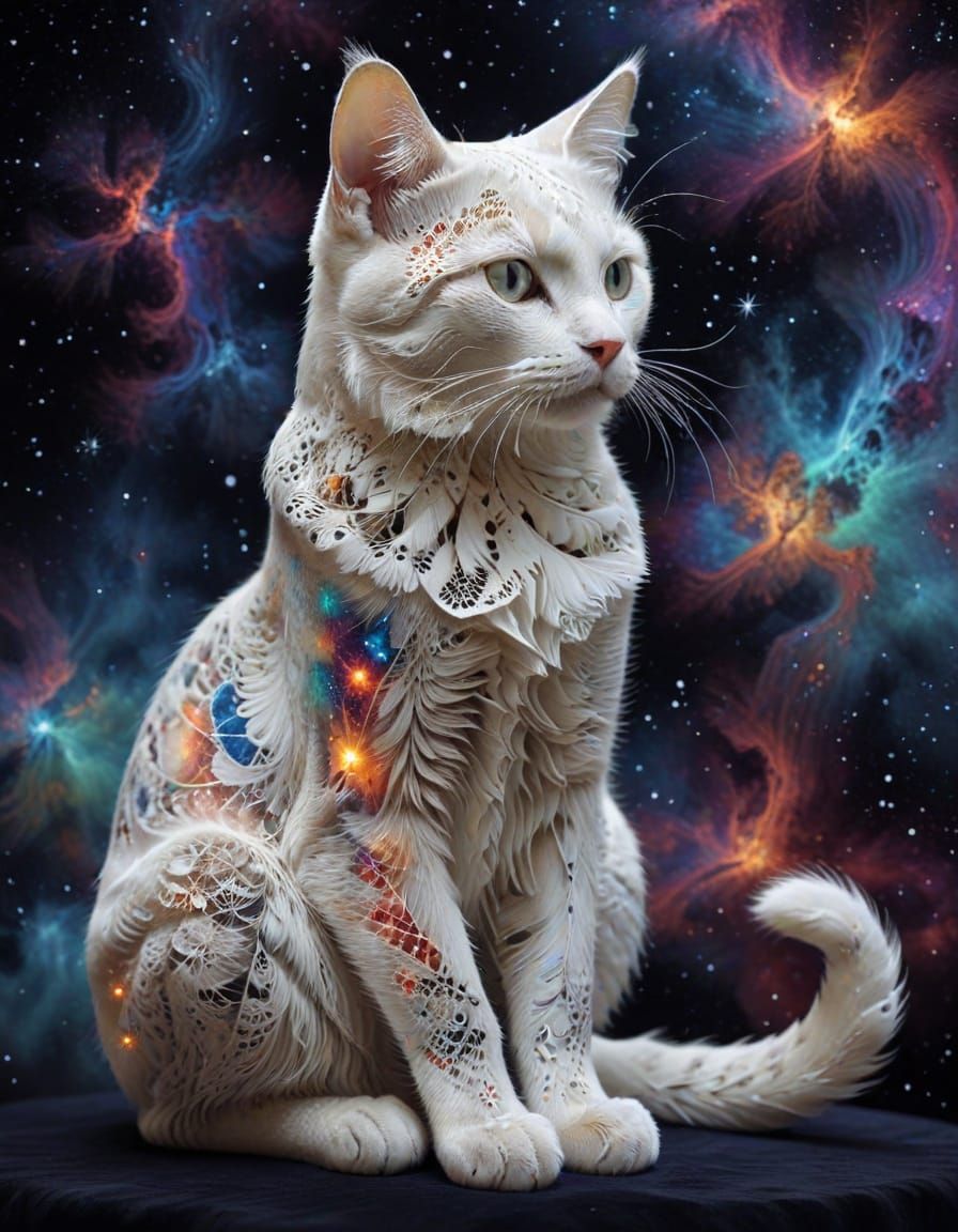 Whimsical Fractal Cat Amidst a Vibrant Galaxy