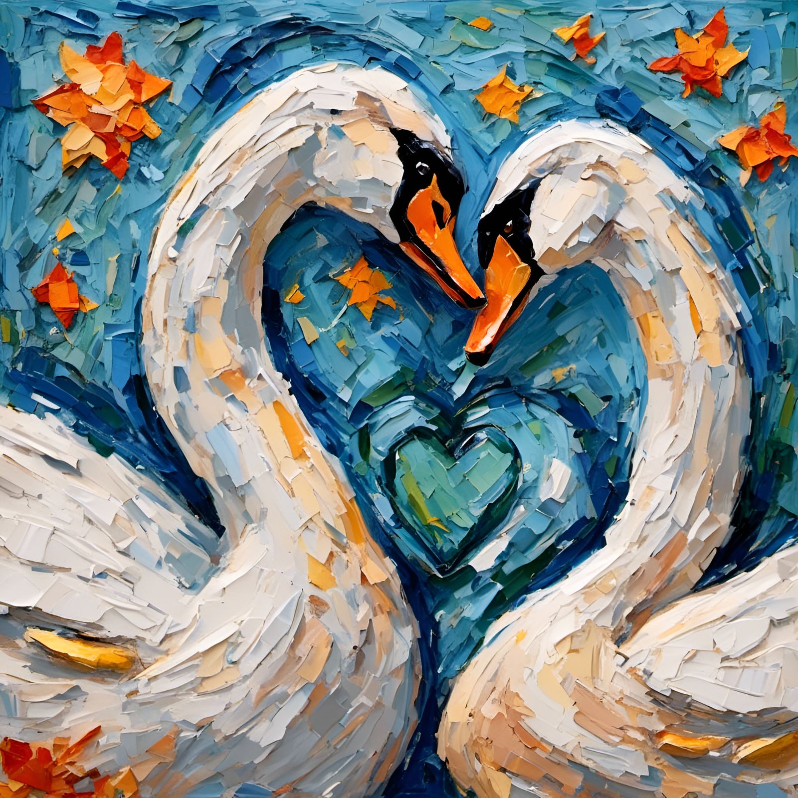 Geometric Impasto Painting of Swans Forming Heart