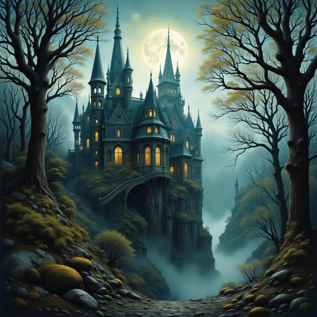 Gothic Mansion in Whimsical Tim Burton Style