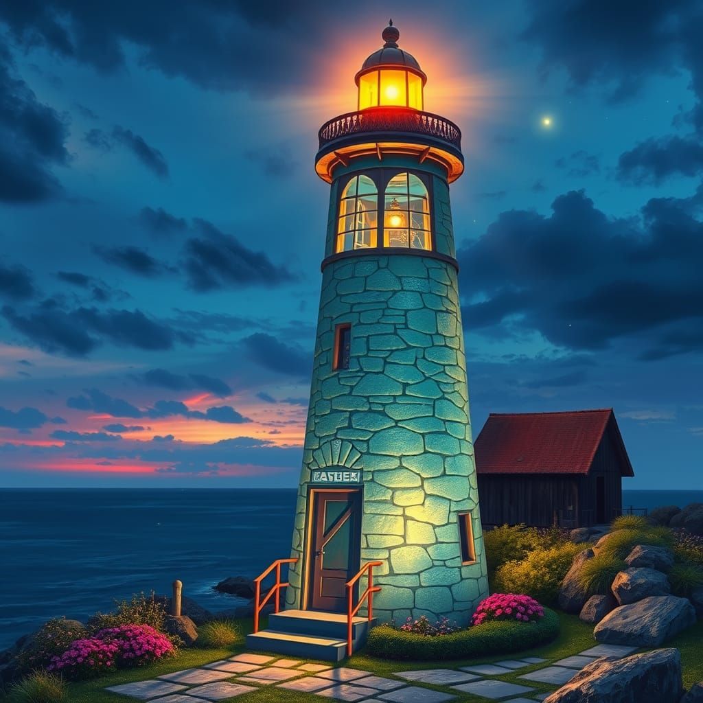 Emerald and Cobalt Glass Lighthouse Shines Warm Light