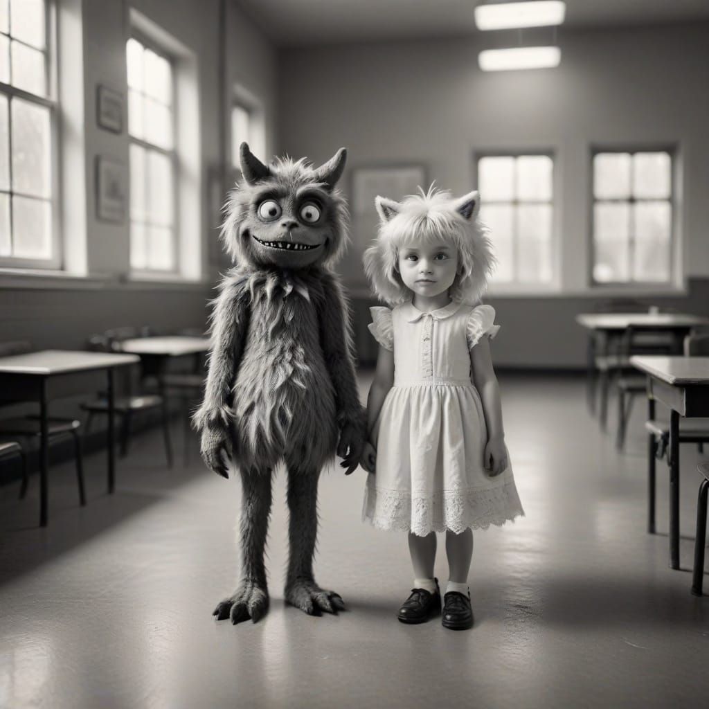 Girl and Furry Monster in Vintage Photograph Style