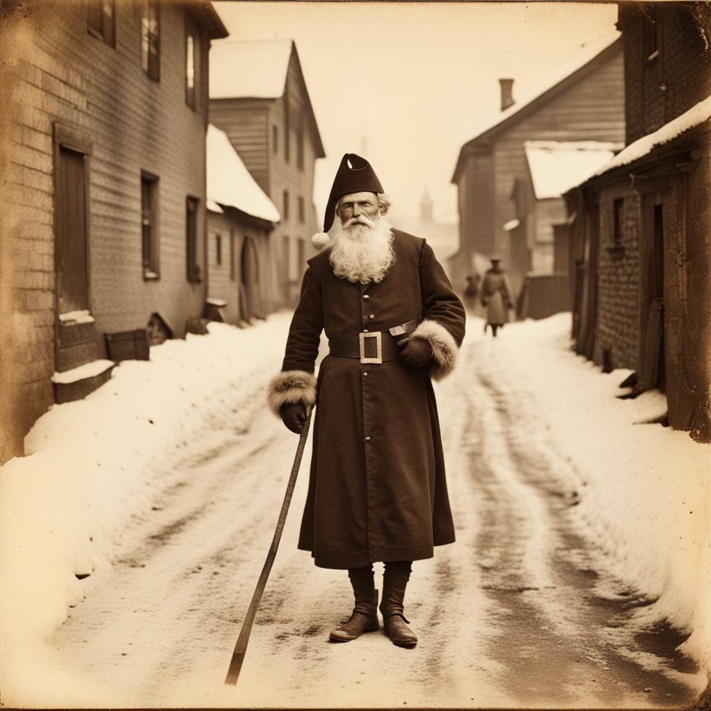Vintage St. Nick Walking in Village: Albumen Print
