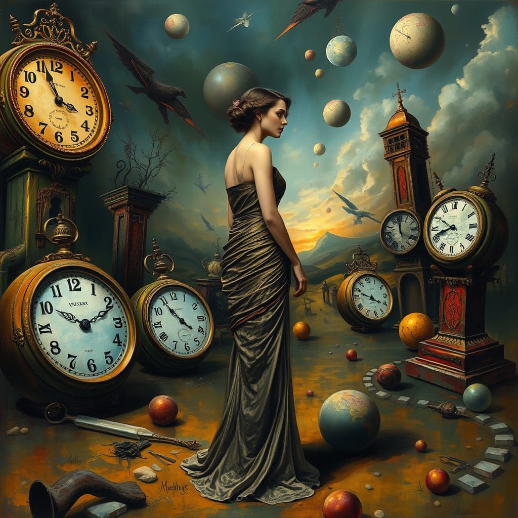 Surreal Oil Painting of a Woman in a Dreamlike Landscape