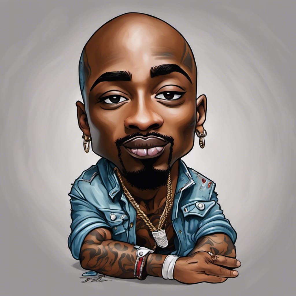 Extreme caricature chibi depiction of [Tupac Shakur]; charac...