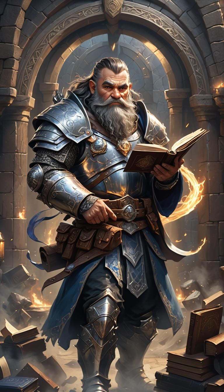 Dwarf Cleric with Magic Book in Silver Armor