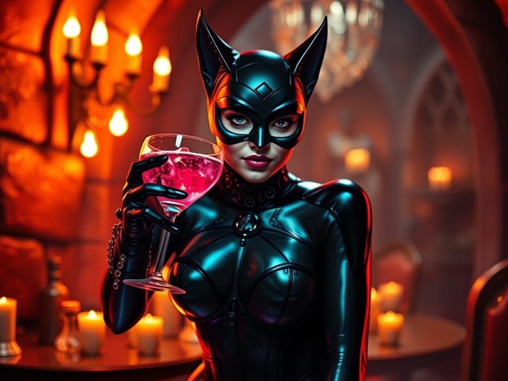 Catwoman in a Sparkling Xenon Cocktail Dungeon