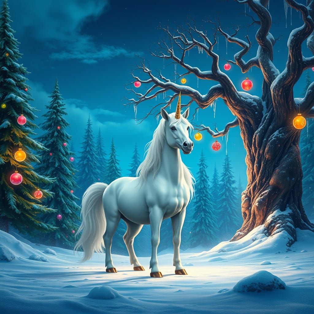 Majestic Christmas Unicorn in Snowy Fantasy Forest