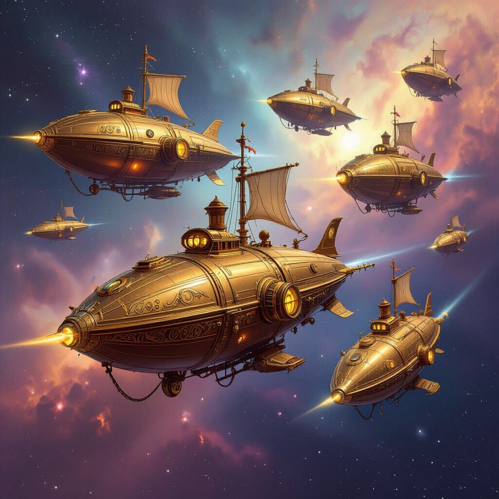 Victorian Spaceships in Nebula: Steampunk Deep Space Art