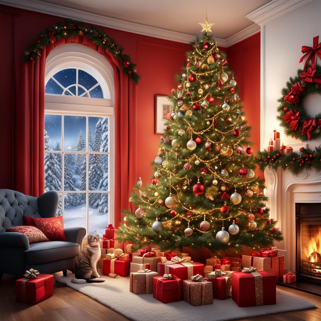 Festive Christmas Tree with Cat, Detailed Digital Painting