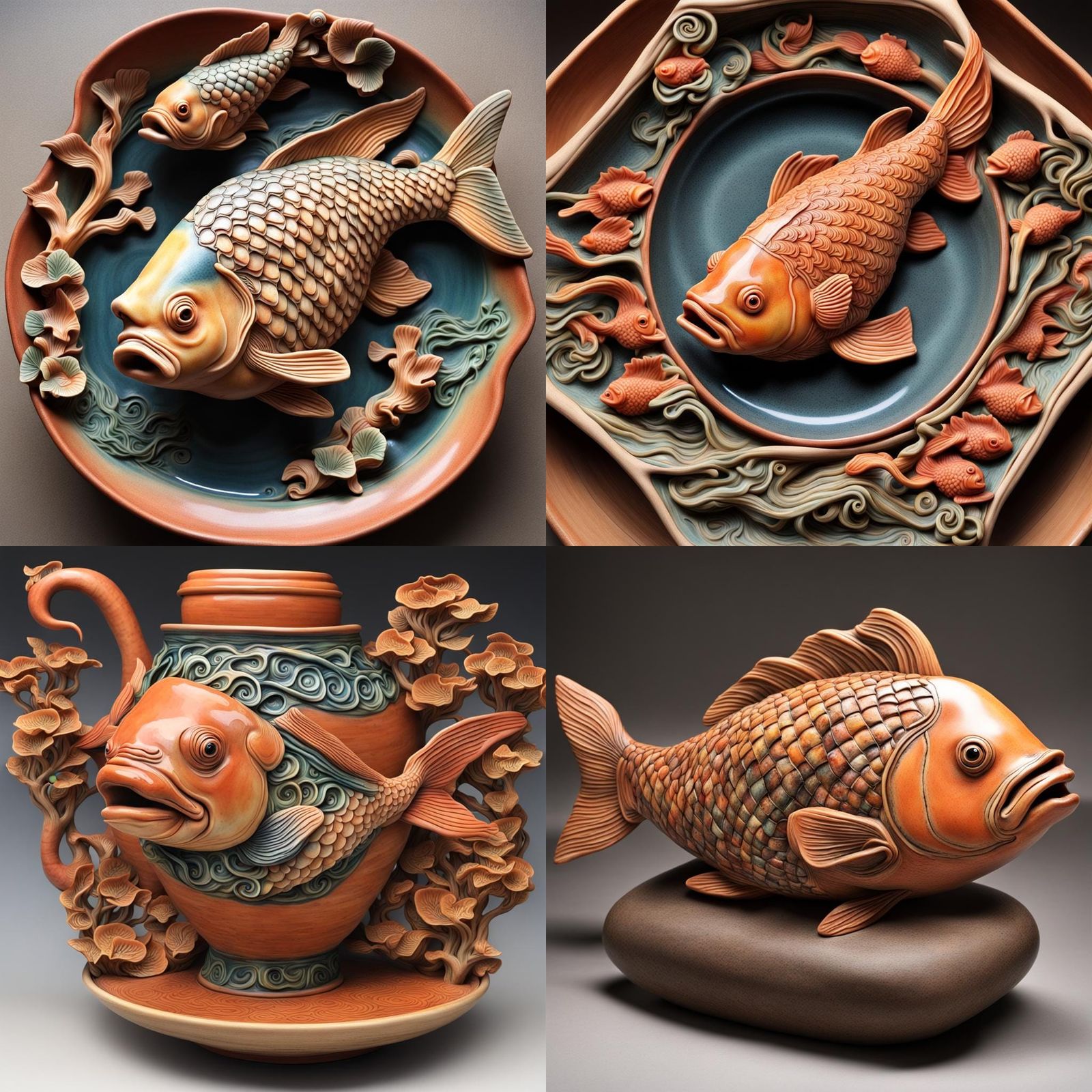Eccentric Clay Pottery with Koi Fries