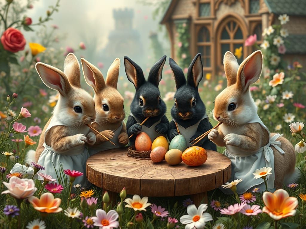 Bunnies Painting Easter Eggs in a Floral Meadow