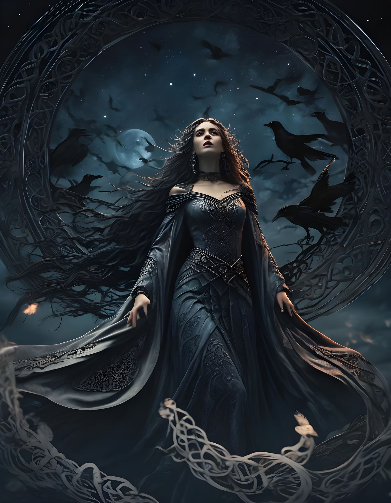 Mystical Celtic Goddess Morrigan in Moonlight