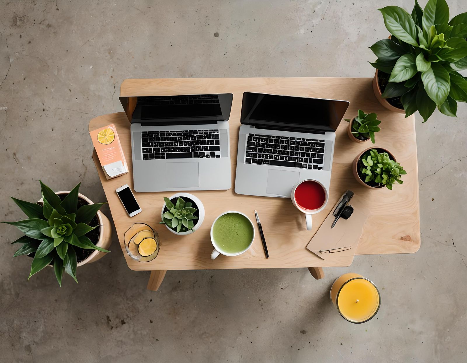 Modern Workspace with Laptop, Smoothie, and Plant