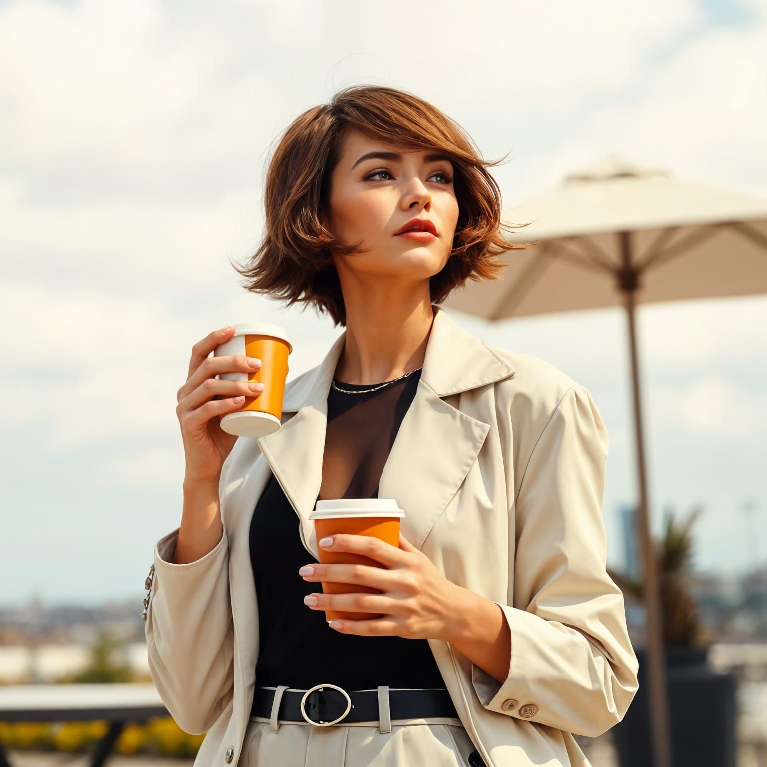 A Woman Enjoys Coffee in a Windy Scene, in Photorealistic St...