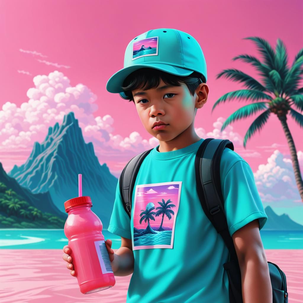 Vaporwave Boy in a Hawaiian Oasis