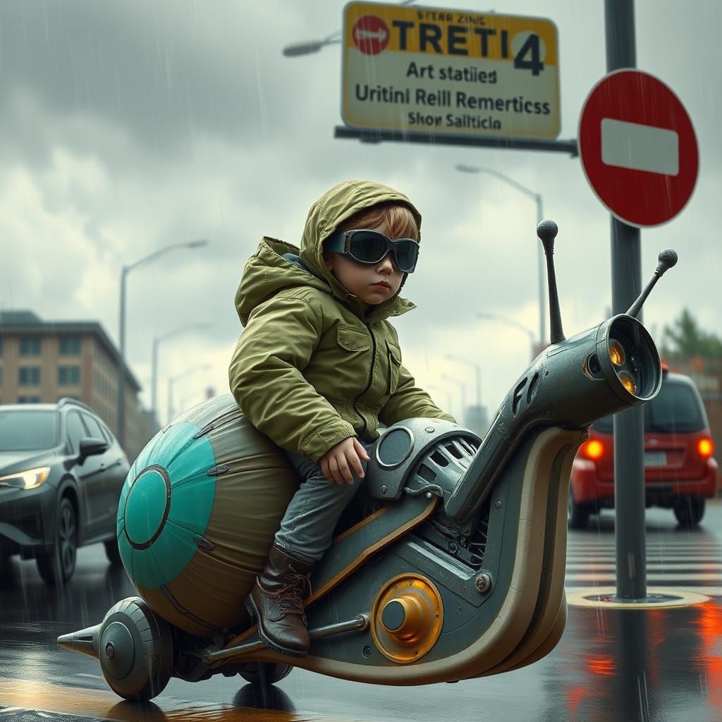Boy Rides Hover Snail in Rainy Cyberpunk Cityscape
