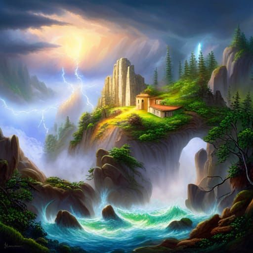 Giant Rock Archway on Cloud Plateau with Lightning