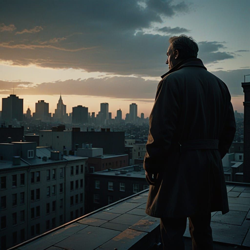 Fatherly Caretaker Watches Rooftop Scene in Noir Style