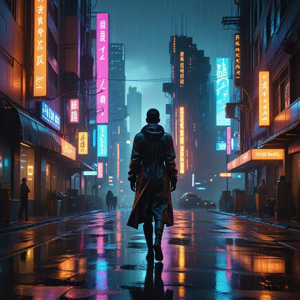 Cyberpunk Cityscape with Neon Reflections in Syd Mead Style