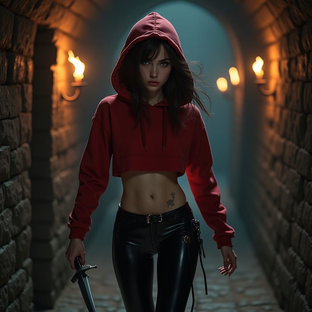 Young Woman Stalks Dungeon Corridor in Photorealistic Style