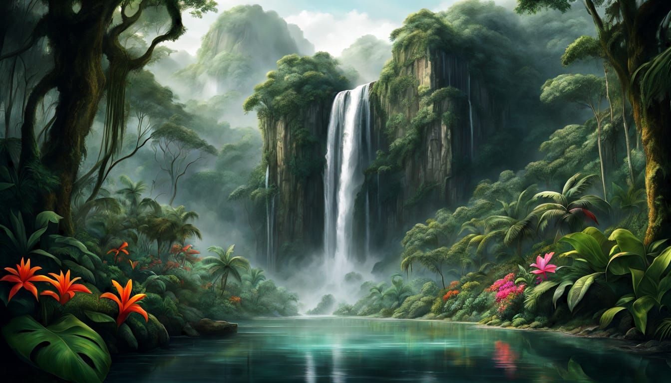 Charcoal Drawing of a Tropical Jungle Waterfall