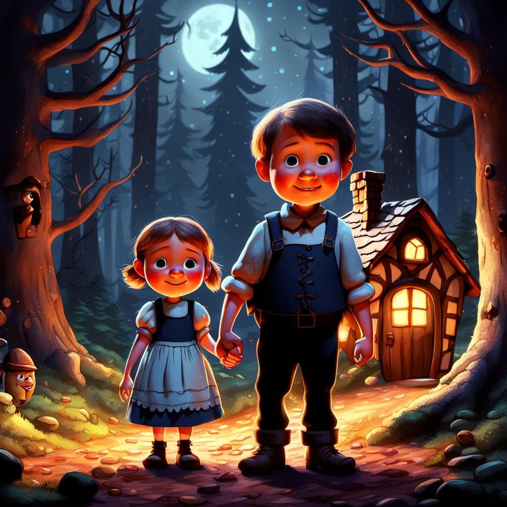 Hansel and Gretel in Pixar Animation Style